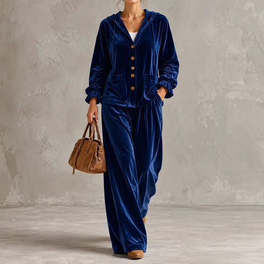 Cardydony Elegance Velvet Hooded Cardigan And Wide-leg Pants Set