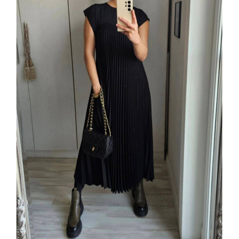 Cardydony Women's Elegant And Stylish Round-neck Pleated Maxi Dress