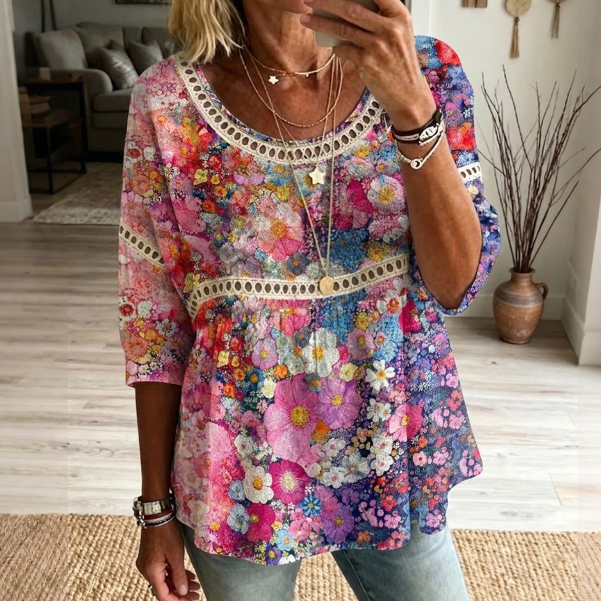 Cardydony Women's Retro Floral Patchwork Casual Mid-sleeve Top
