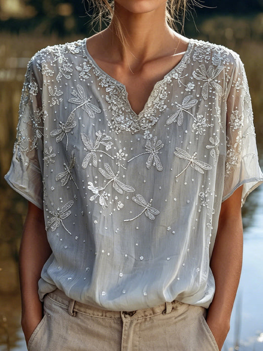 Cardydony V Neck Bohemian Sheer Light Grey Allover Silver Dragonfly Beaded Embroidery Blouse