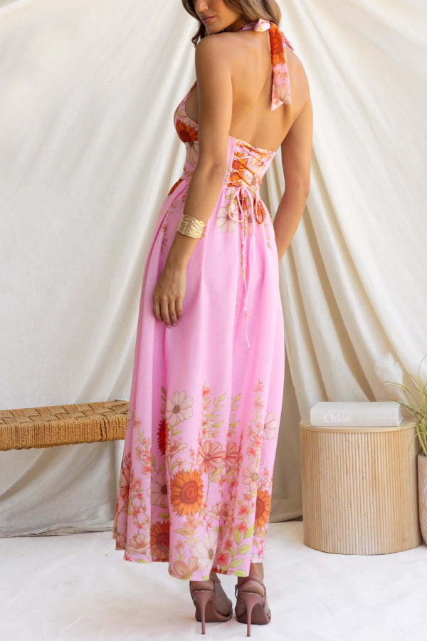 Cardydony Women's Sunflower Print V-neck Fitted Waist Elegant Maxi Dress