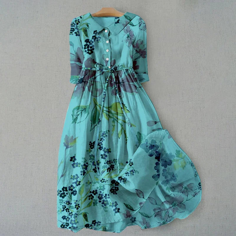 Cardydony Elegant Japanese Art Floral Print Lace-up Casual Midi Dress