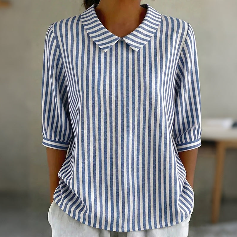 Cardydony Women's Striped Print Casual Doll Collar Linen Shirt