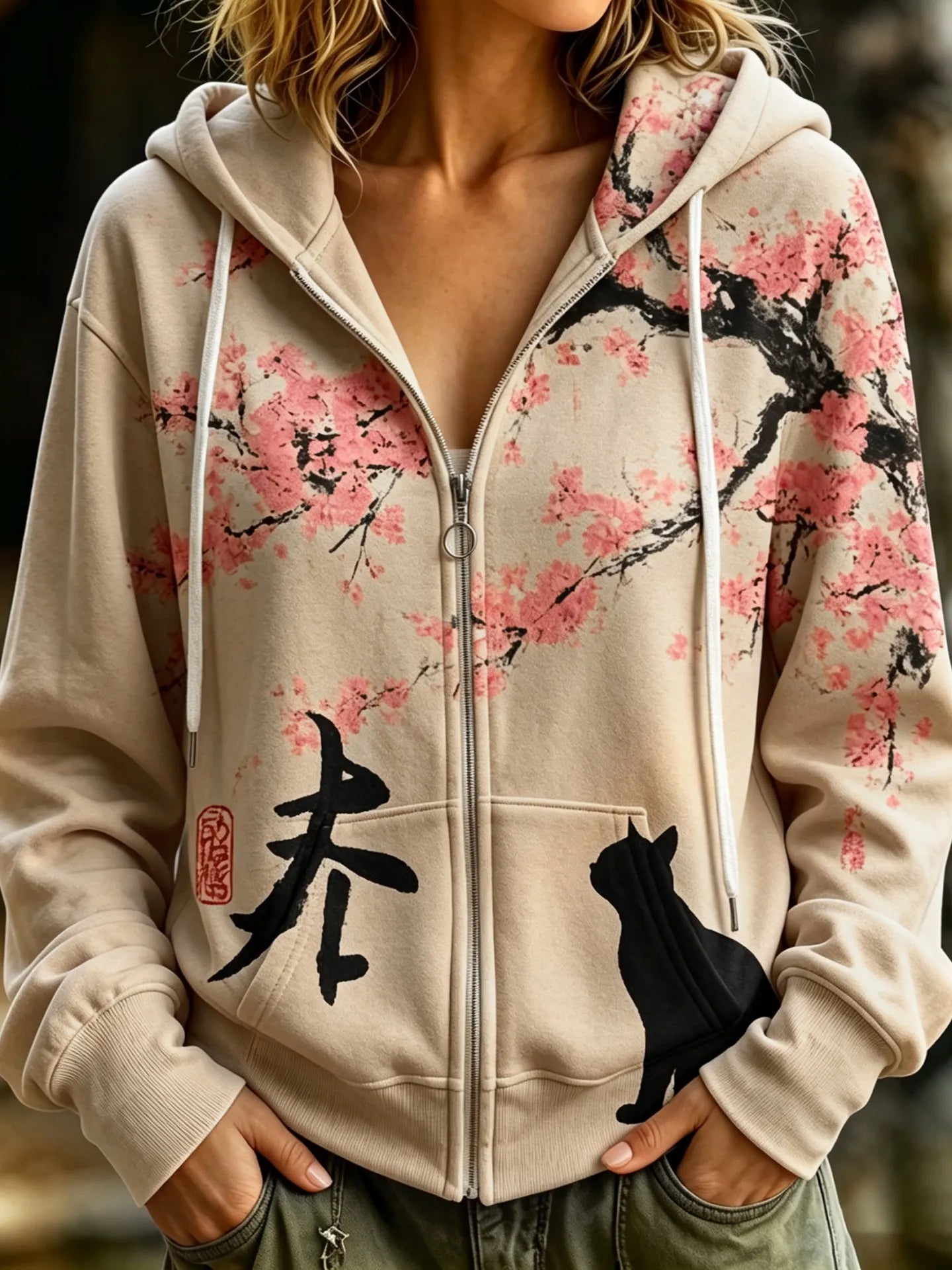 Cardydony Women's Retro Cherry Blossoms And Cats Print Casual Warm Zip-up Hoodie