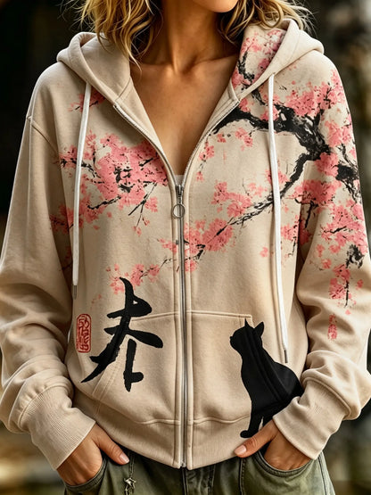 Cardydony Women's Retro Cherry Blossoms And Cats Print Casual Warm Zip-up Hoodie