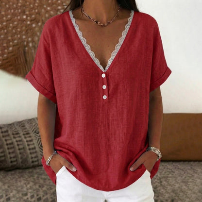 Cardydony Women's Solid Color Lace V-neck Short Sleeve Linen Blend T-shirt