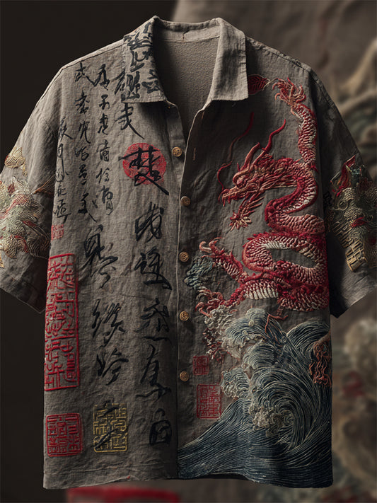 Cardydony Men's Japanese Dragon & Sea Waves Calligraphy Linen Shirt