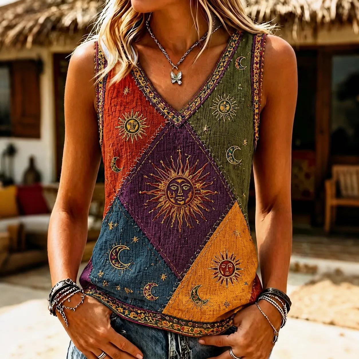 Cardydony Women's Retro Hippie Sun And Moon Patchwork Print V-neck Tank Top