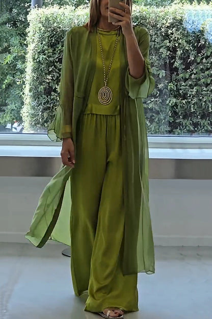 Cardydony Women's Solid Color Long Cardigan + Round Neck Casual Top and Elastic Waist Wide Leg Pants Three-piece Set