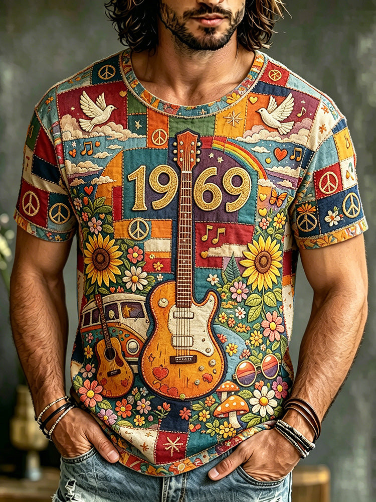 Cardydony Men's Retro Hippie Peace Logo Floral Guitar Patchwork Print T-shirt