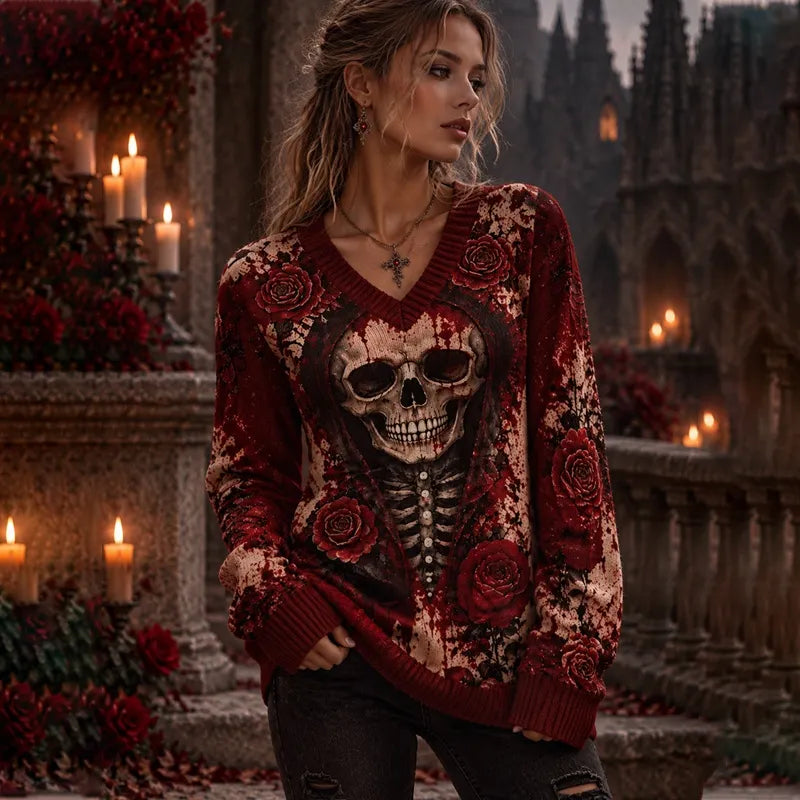 Cardydony Women's Halloween Skull Rose Bloodstain Print V-neck Sweater