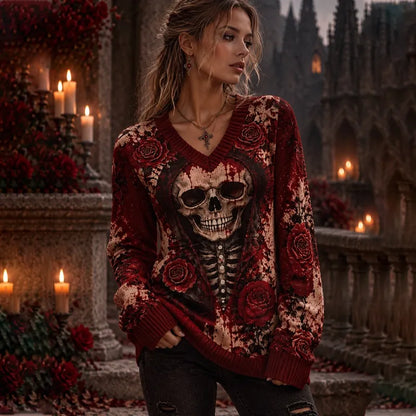 Cardydony Women's Halloween Skull Rose Bloodstain Print V-neck Sweater