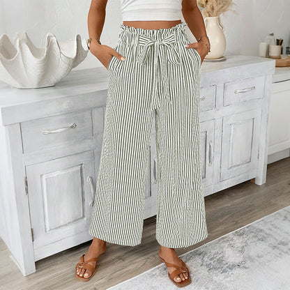 Cardydony Casual Bud Waistband Striped Straight Linen Pants