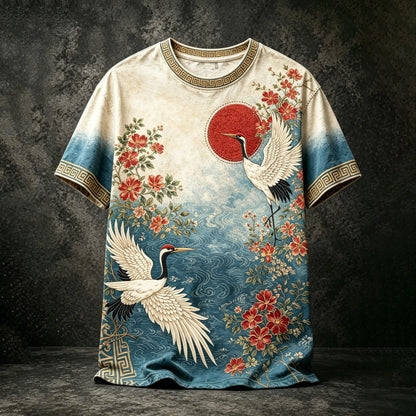 Cardydony Men's Japanese Art Crane Floral Gradient Cotton Linen Short-sleeve T-shirt