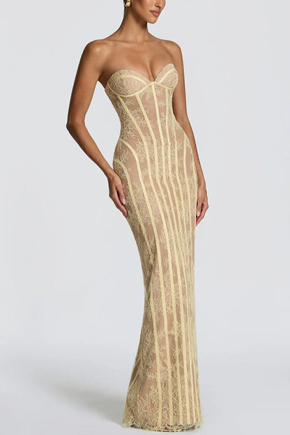 Cardydony Women's Summer Colour Sian Floral Lace Contrast Structural Detail Back Lace-up Strapless Slit Maxi Dress