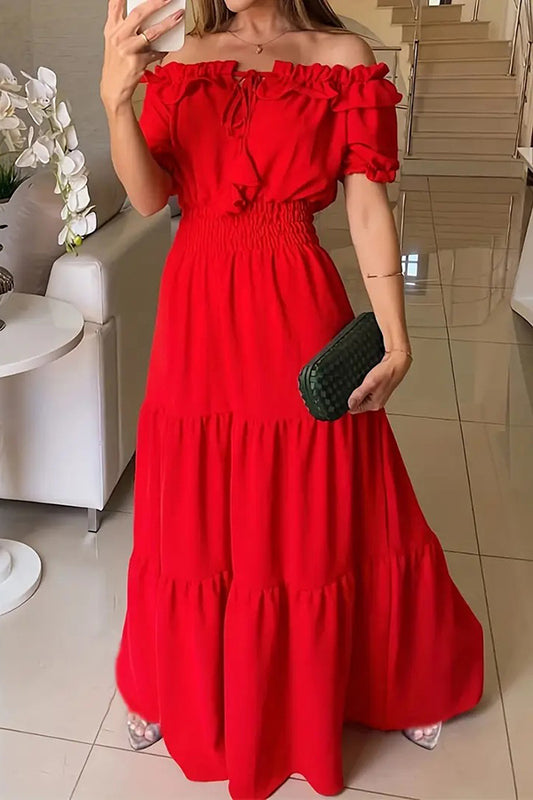 Cardydony Women's Admit Your Feelings Off Shoulder Smocked Waist Maxi Dress
