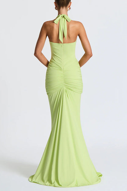 Cardydony Women's Solid Color Elegant Halterneck V-neck Open Back Tie Gathered Maxi Dress