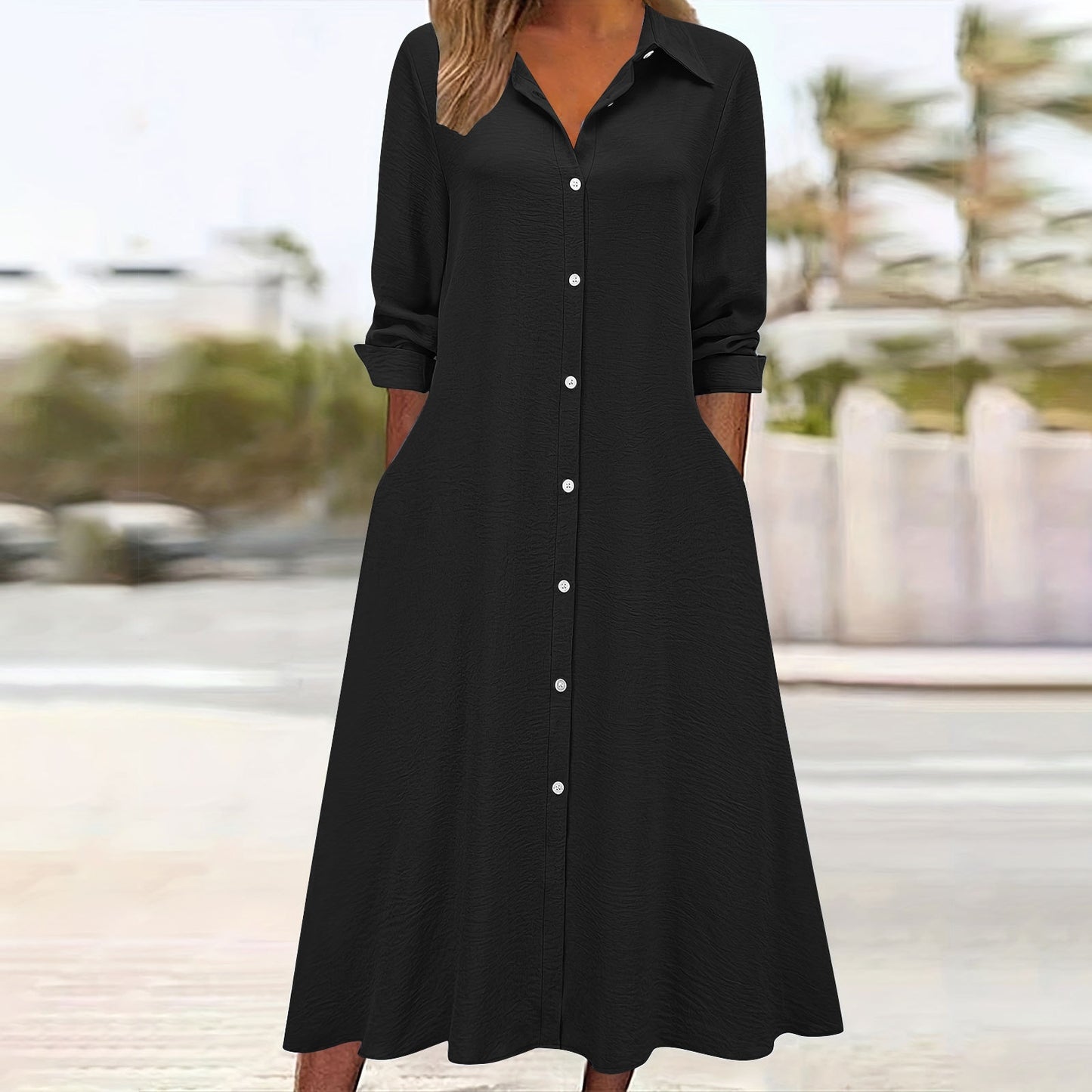 Cardydony Women's Retro Solid Color Collared Long-sleeved Pocket Shirt Dress