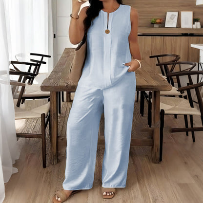 Cardydony Loose Top Casual Wide Leg Pants Linen Two Piece Set