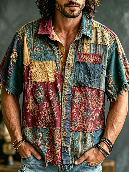 Cardydony Men's Retro Hippie Style Patchwork Short-sleeve Shirt