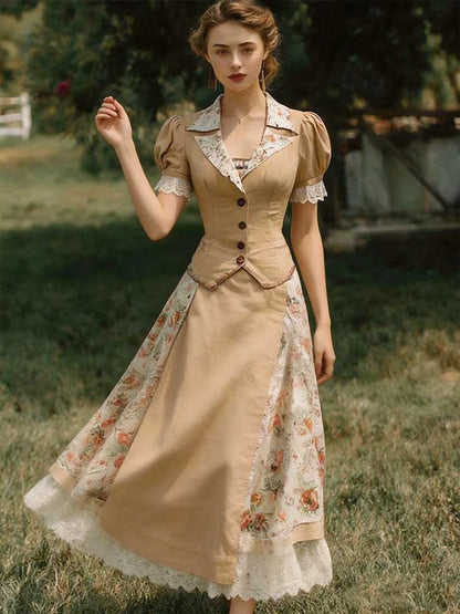 Cardydony French Country Style Patchwork Design Linen Suit