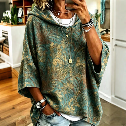 Cardydony Women's Boho Distressed Teal Paisley Floral Peacock Floral Print Hooded Sweatshirt