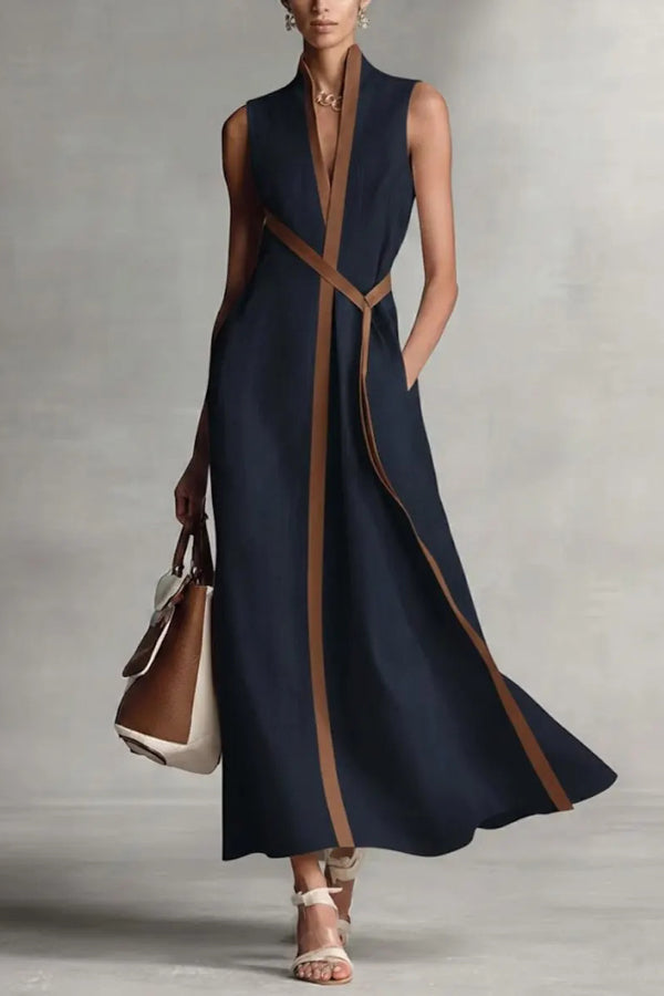 Cardydony Women's Linen Blend Color-blocked Edging V-neck Sleeveless Loose Maxi Dress