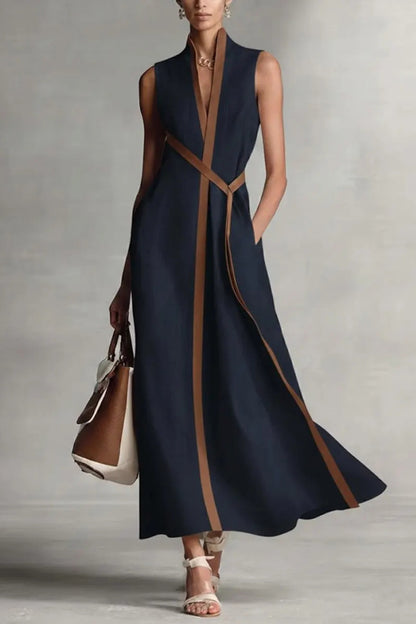 Cardydony Women's Linen Blend Color-blocked Edging V-neck Sleeveless Loose Maxi Dress