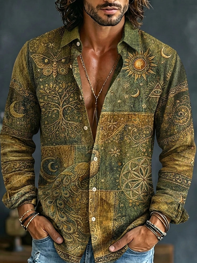 Cardydony Men's Mystical Hippie Style Peacock Sun And Moon Art Print Long Sleeve Shirt