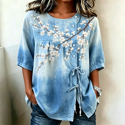 Cardydony Women's Japanese Style White Cherry Blossom Embroidered Artistic Waist Shirt