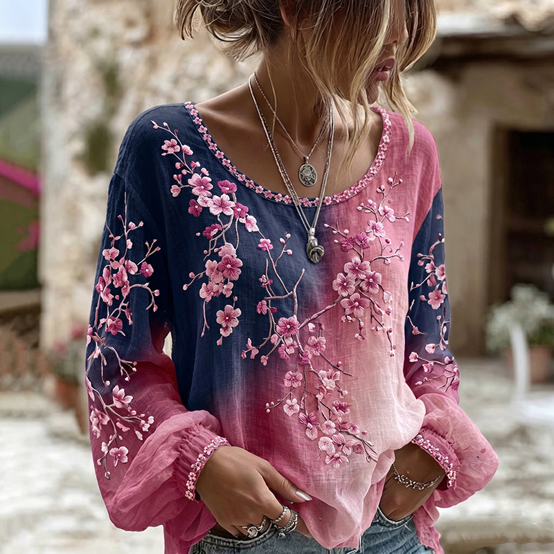 Cardydony Women's Retro Sakura Gradient Art Round Neck Long Sleeve T-shirt
