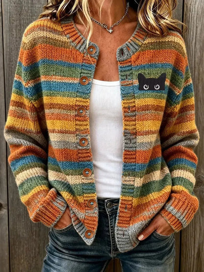 Cardydony Women's Retro Black Cat Striped Print Crew Neck Cardigan