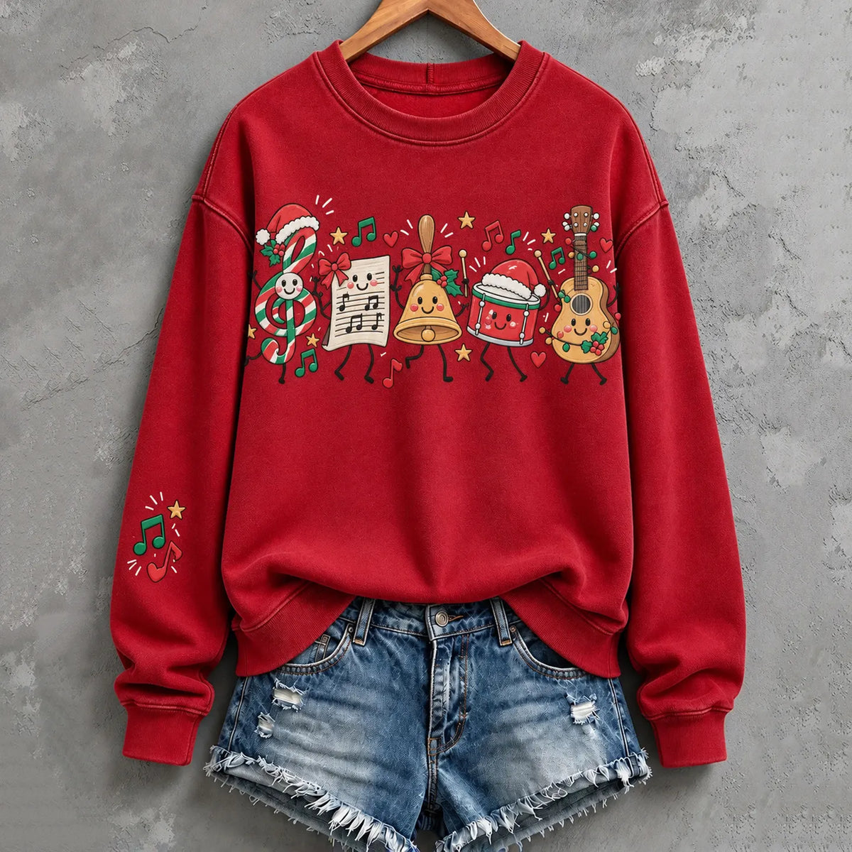 Cardydony Women's Playful Christmas Music Characters Graphic Relaxed Fit Red Crewneck Sweatshirt