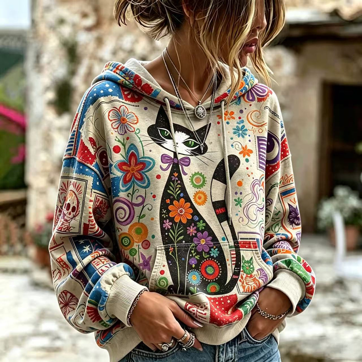 Cardydony Women Cute Cat & Flower Print Hoodie