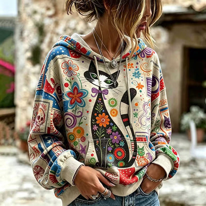 Cardydony Women Cute Cat & Flower Print Hoodie