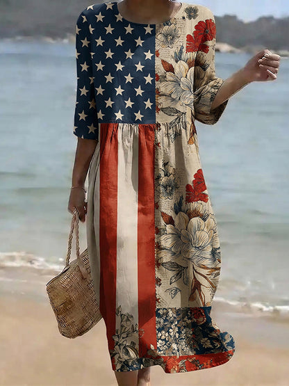 Cardydony Women's Vintage Independence Day Flag Flower Art Print Midi Dress