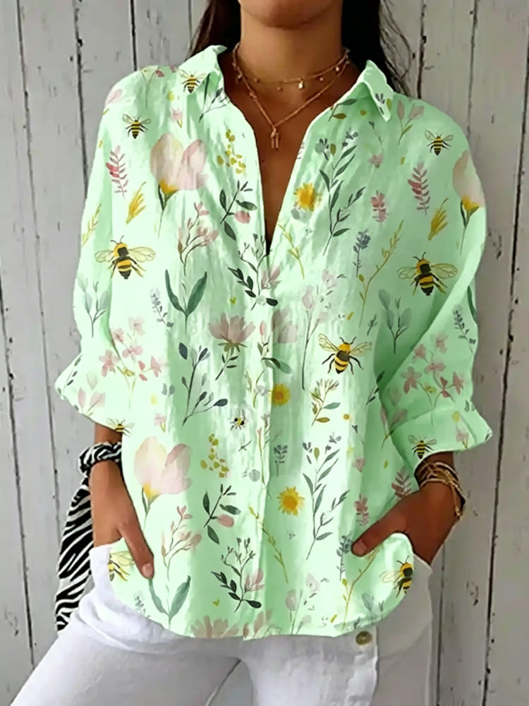 Cardydony Women's Vintage Bee Floral Art Print Casual Linen V-neck Shirt