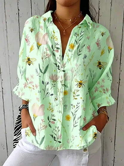 Cardydony Women's Vintage Bee Floral Art Print Casual Linen V-neck Shirt