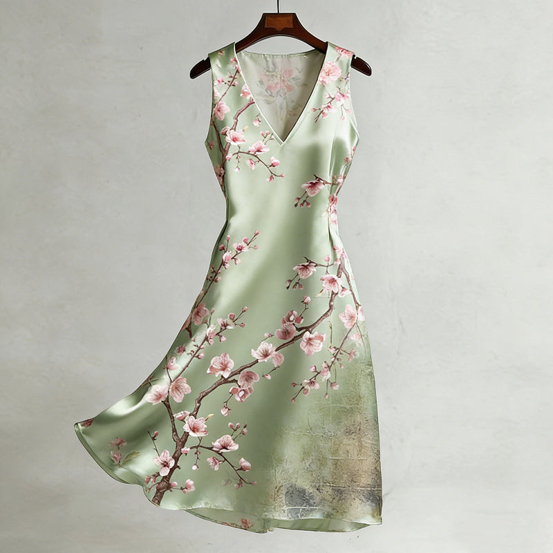 Cardydony Women's Japanese Cherry Blossom Pattern V-neck Sleeveless Midi Dress