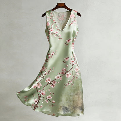 Cardydony Women's Japanese Cherry Blossom Pattern V-neck Sleeveless Midi Dress
