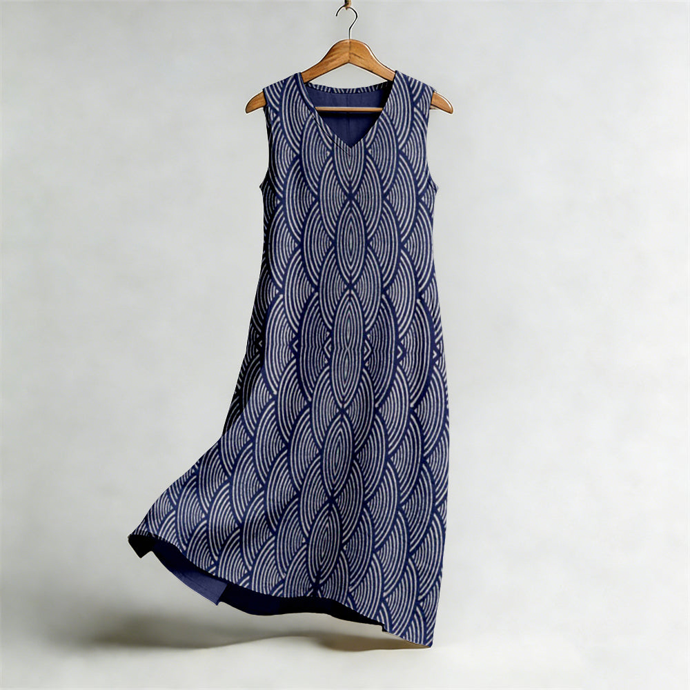 Cardydony Japanese Wave Geometric Pattern Flowy Linen Midi Dress