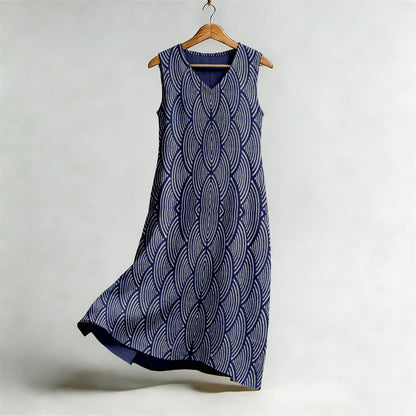 Cardydony Japanese Wave Geometric Pattern Flowy Linen Midi Dress