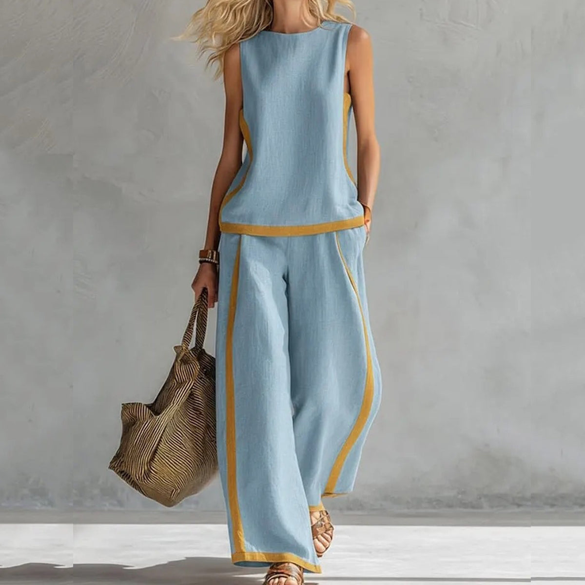 Cardydony Women's Solid Color Color Blocked Vest Long Pants Two Piece Set