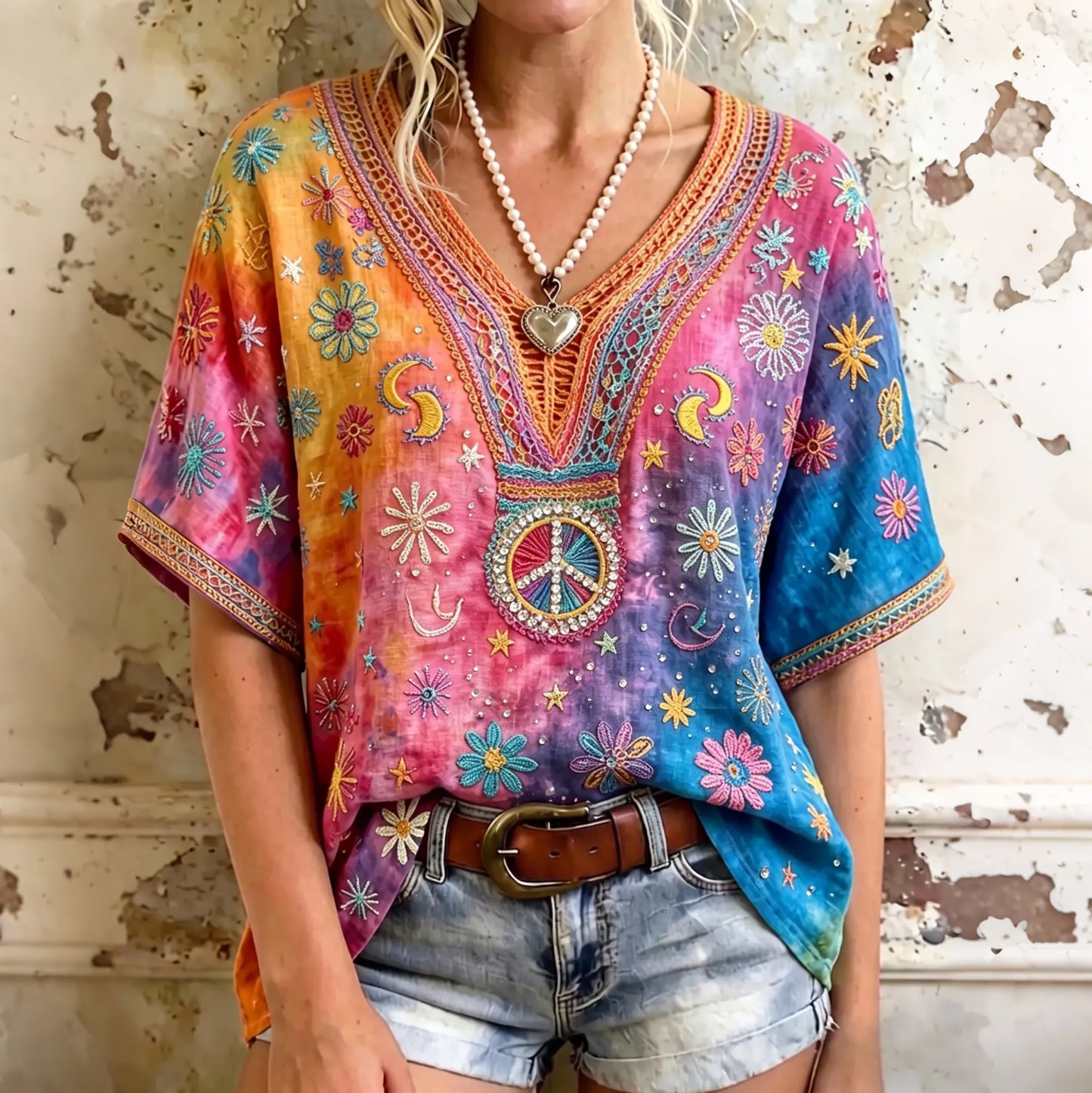 Cardydony Women's Retro Hippie Floral Art Linen Blend Short Sleeve Tops