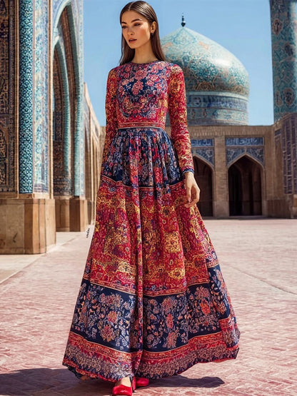 Cardydony Retro Iran Persian Pattern Inspired Cozy Linen Maxi Dress