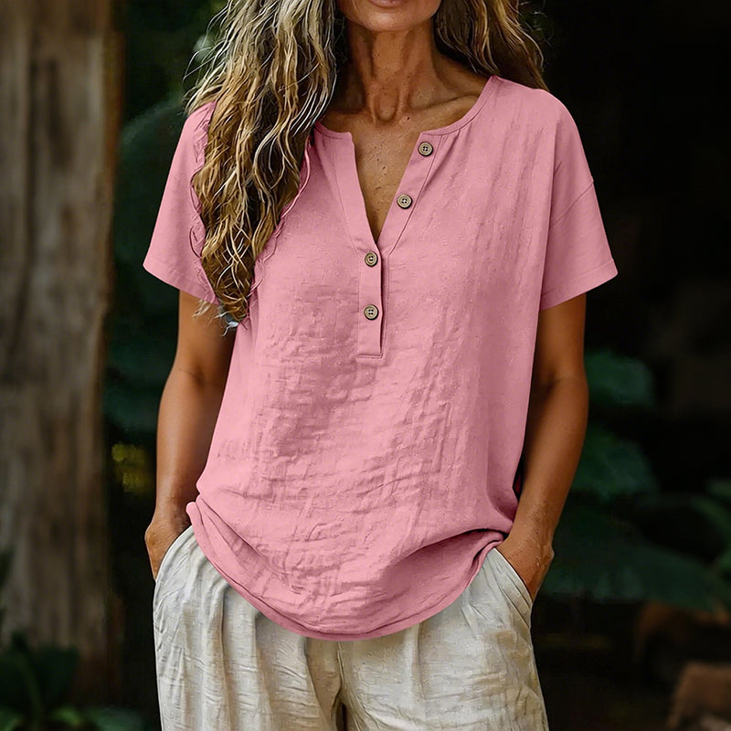 Cardydony Solid Color Linen Short-sleeved Half-front Button-up Shirt