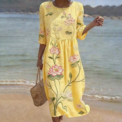 Cardydony Vintage Lotus Art Pattern Linen Blend Loose Three-quarter Sleeve Dress