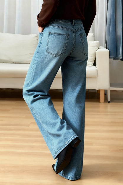Cardydony Women's  Stylish Casual Loose Pockets Straight-leg Wide-leg Jeans