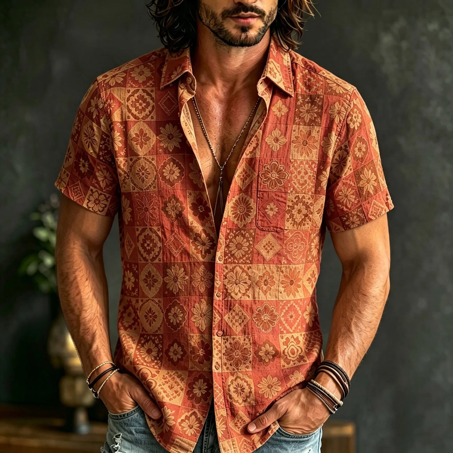 Cardydony Men's Boho Patchwork Floral Print Hippie Cotton And Linen Comfortable Short Sleeve Shirt