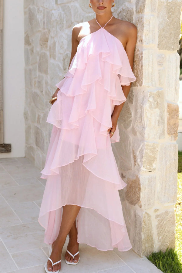 Cardydony Women's Solid Color Chiffon Halter Neck Elegant Ruffle Maxi Dress